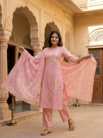 Floral Block Printed & Sequin Mirror Work Embroidered A-Line Kurta with Palazzo & Dupatta - Pink