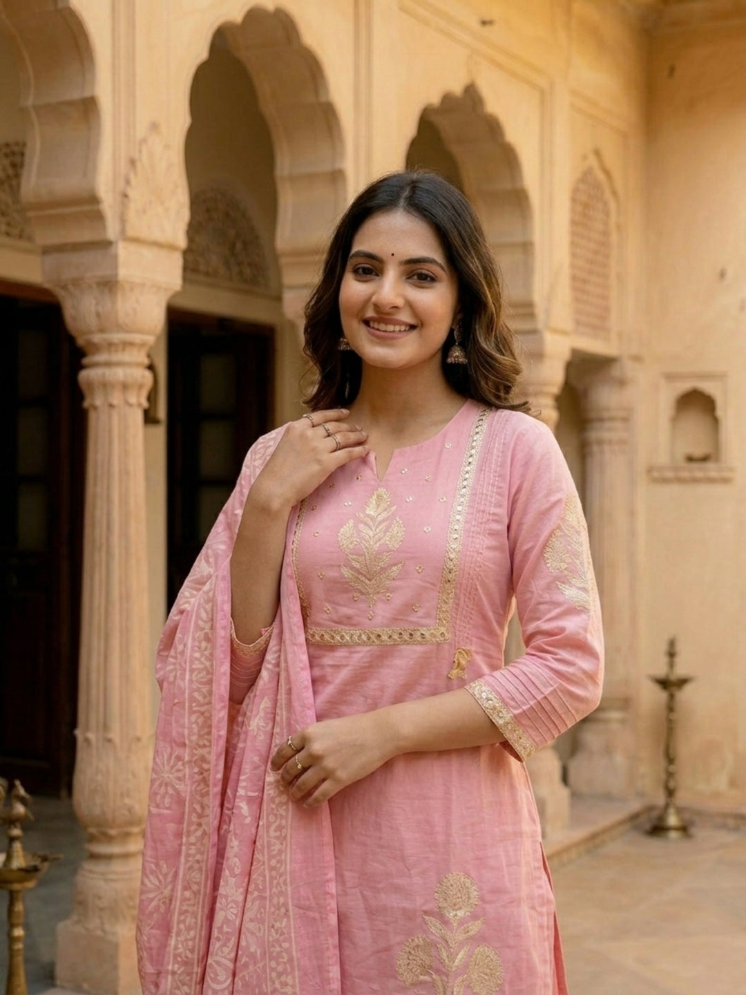 Floral Block Printed & Sequin Mirror Work Embroidered A-Line Kurta with Palazzo & Dupatta - Pink