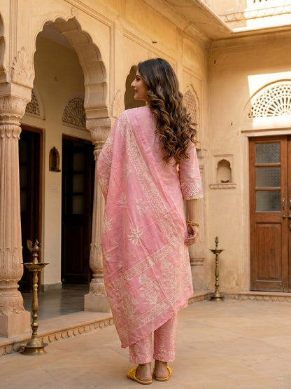 Floral Block Printed & Sequin Mirror Work Embroidered A-Line Kurta with Palazzo & Dupatta - Pink