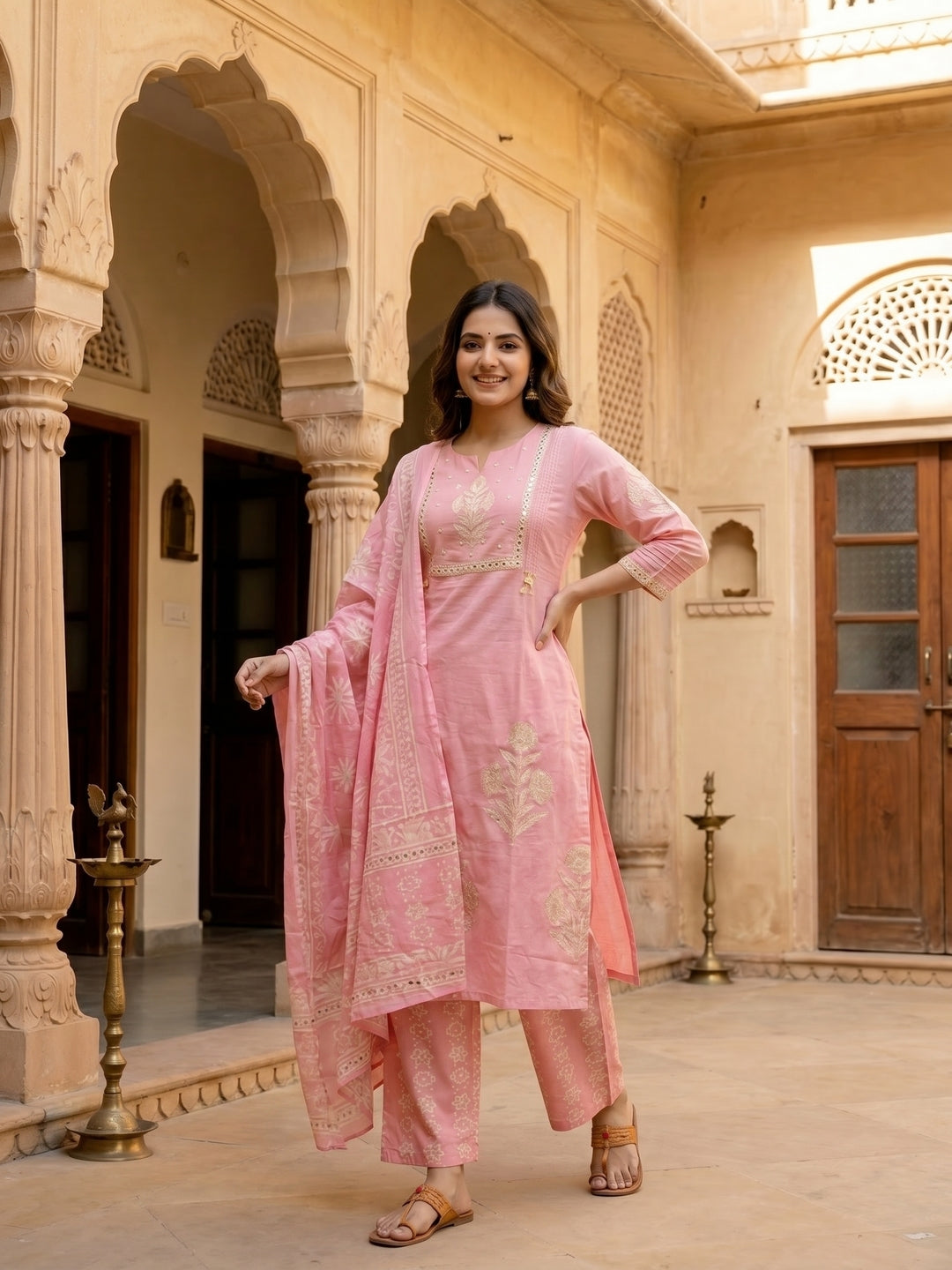 Floral Block Printed & Sequin Mirror Work Embroidered A-Line Kurta with Palazzo & Dupatta - Pink