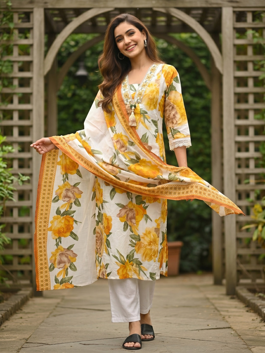 Abstract Floral Printed A-Line Kurta with Pant & Dupatta - Yellow