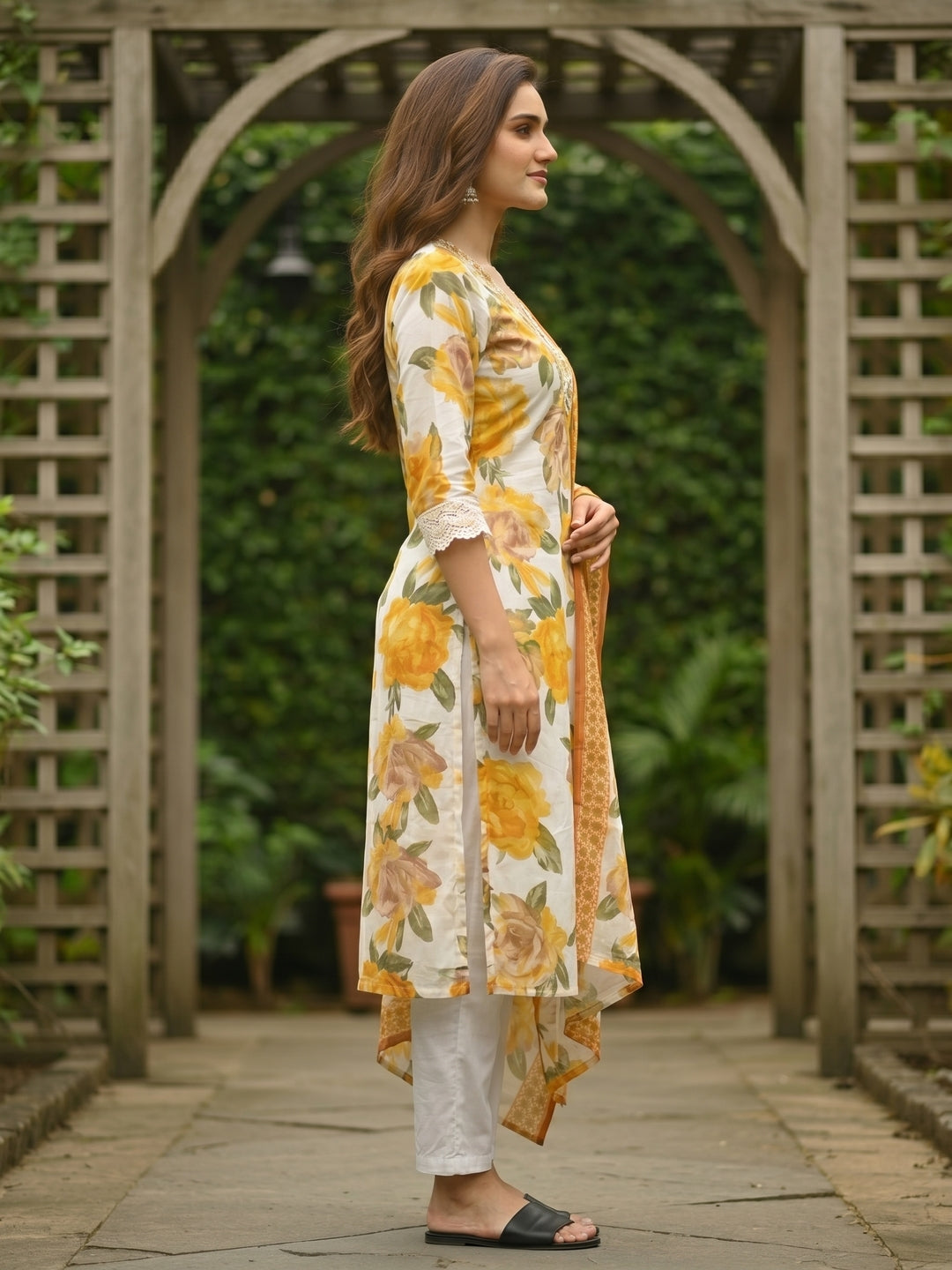 Abstract Floral Printed A-Line Kurta with Pant & Dupatta - Yellow