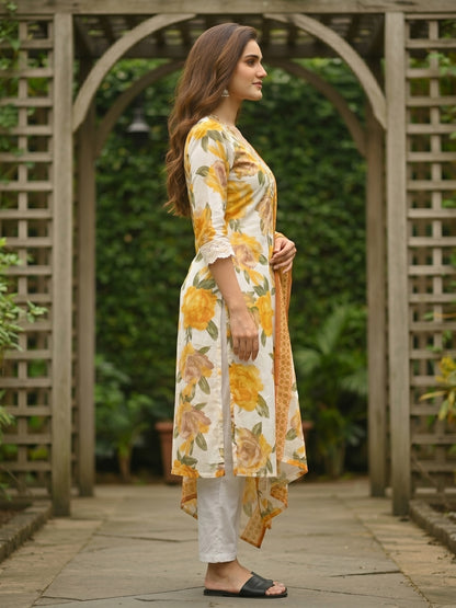 Abstract Floral Printed A-Line Kurta with Pant & Dupatta - Yellow