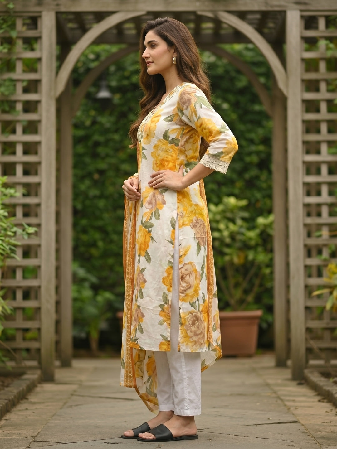 Abstract Floral Printed A-Line Kurta with Pant & Dupatta - Yellow