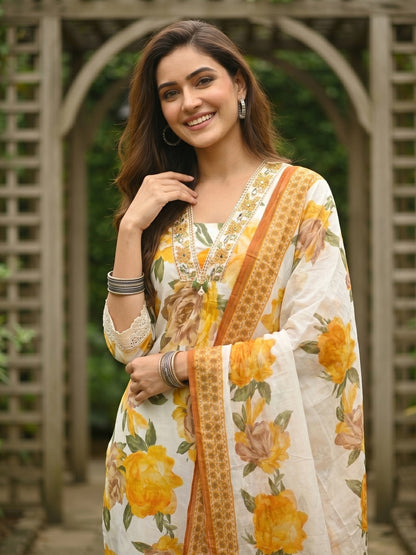 Abstract Floral Printed A-Line Kurta with Pant & Dupatta - Yellow