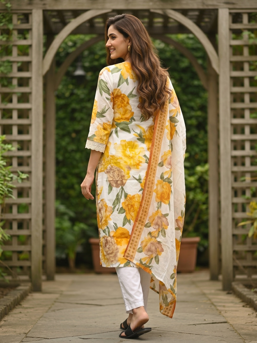 Abstract Floral Printed A-Line Kurta with Pant & Dupatta - Yellow