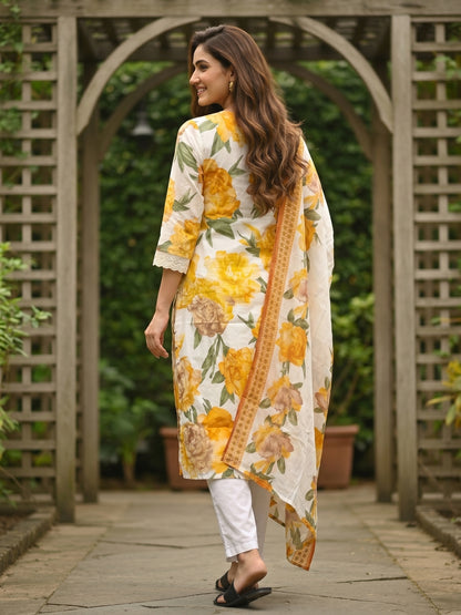 Abstract Floral Printed A-Line Kurta with Pant & Dupatta - Yellow