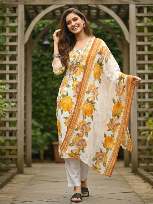 Abstract Floral Printed A-Line Kurta with Pant & Dupatta - Yellow