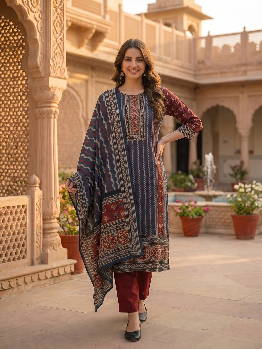 Geometric Printed Straight Kurta with Pant & Dupatta - Maroon