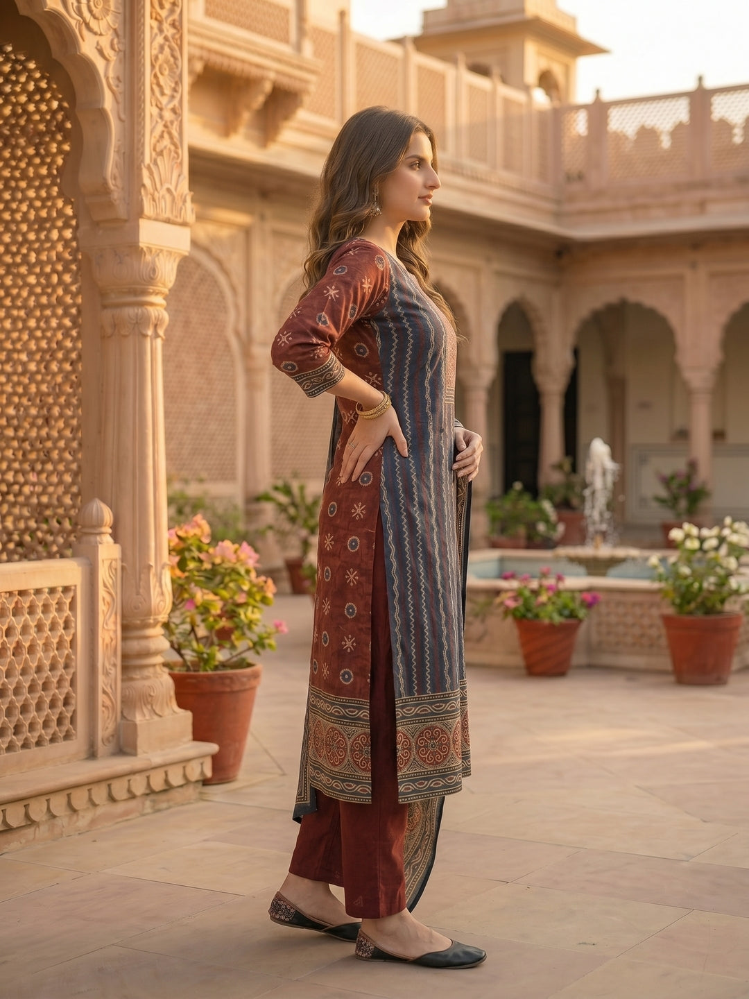 Geometric Printed Straight Kurta with Pant & Dupatta - Maroon