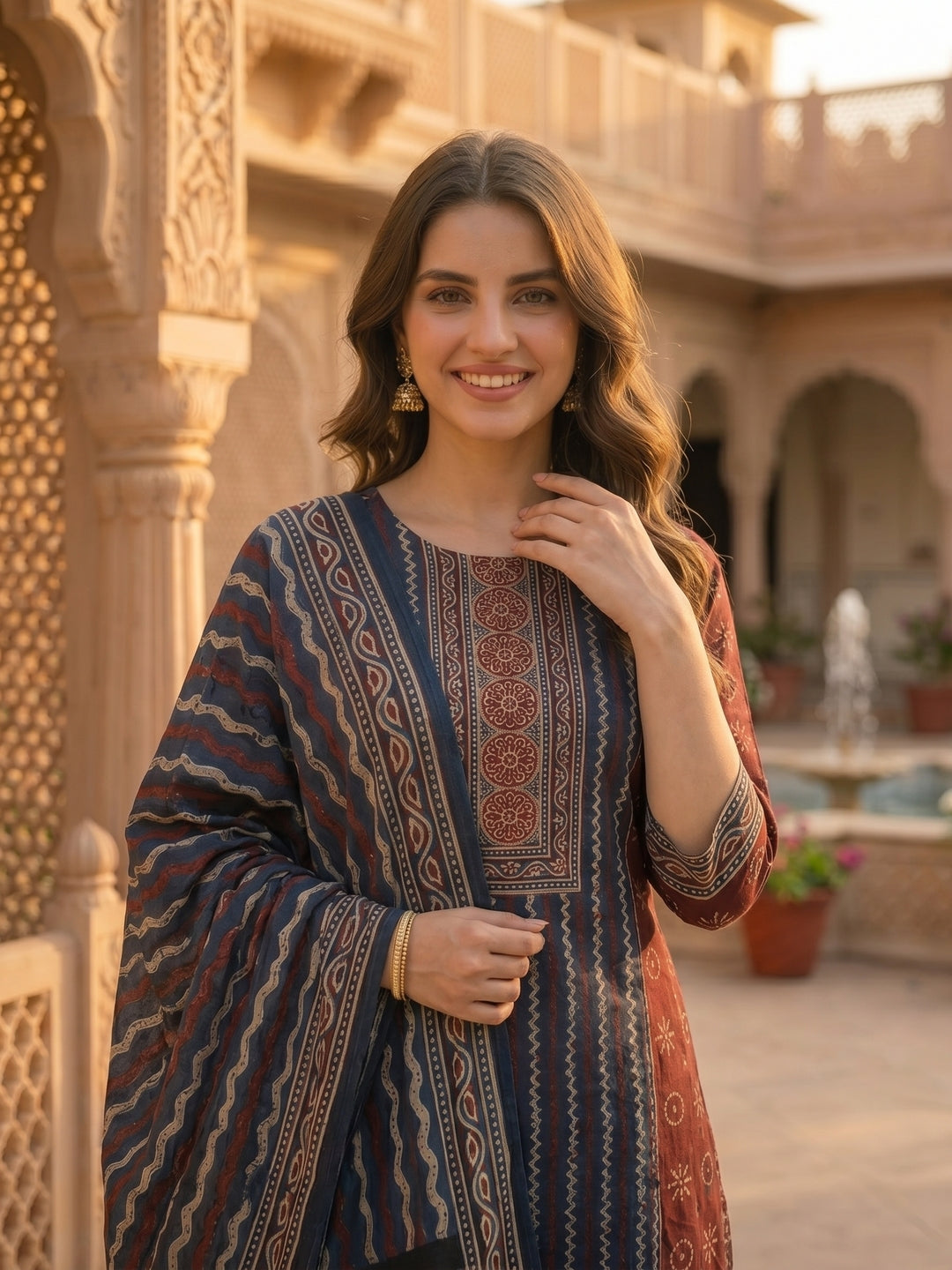 Geometric Printed Straight Kurta with Pant & Dupatta - Maroon