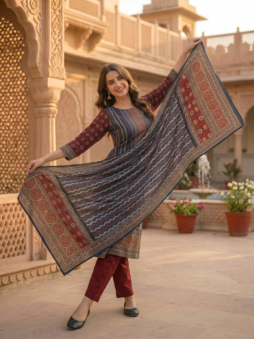 Geometric Printed Straight Kurta with Pant & Dupatta - Maroon