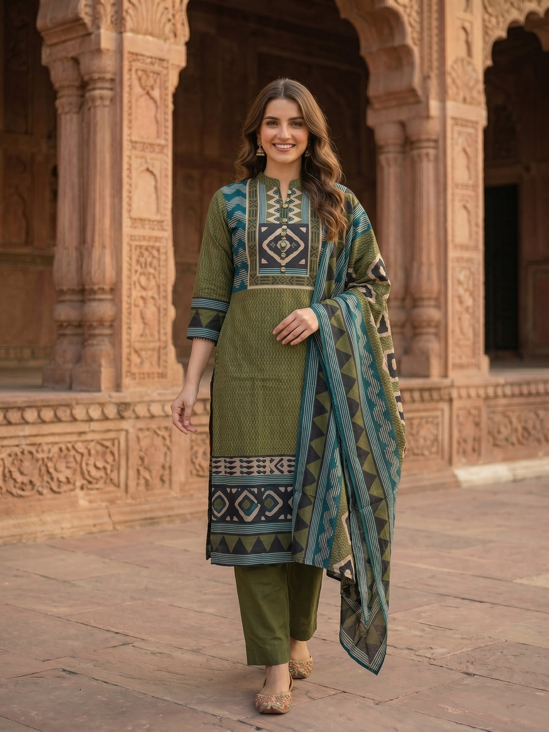 Geometric Printed Straight Kurta with Pant & Dupatta - Green
