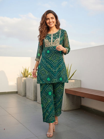 Bandhani Printed Embroidered A-Line Co-ord Set - Teal Blue