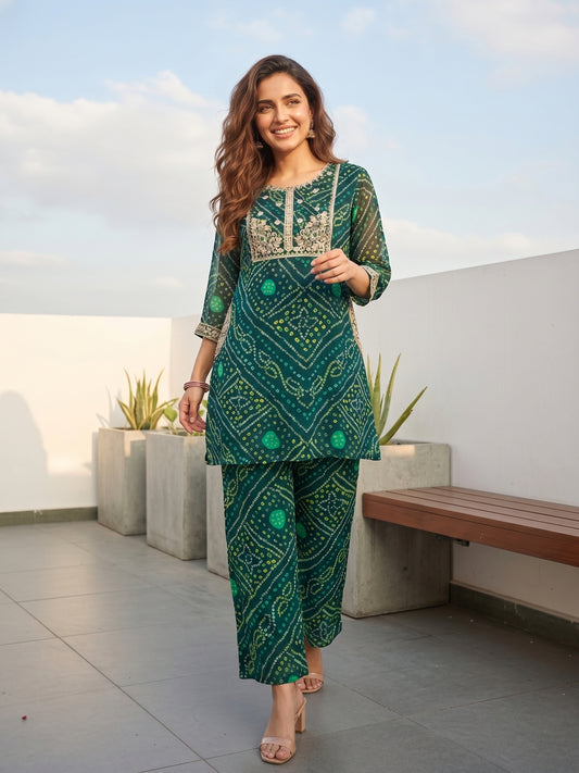 Bandhani Printed Embroidered A-Line Co-ord Set - Teal Blue