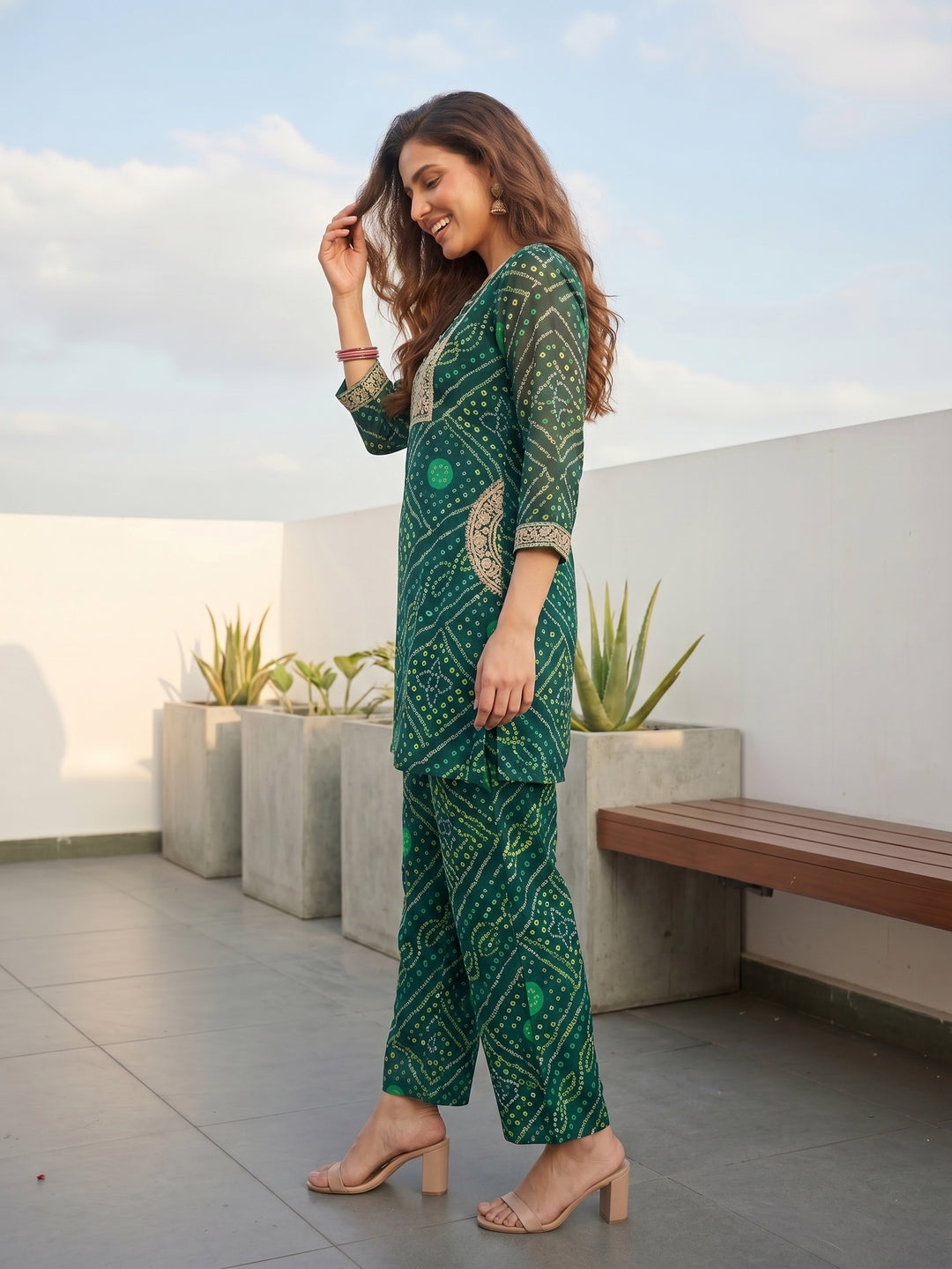 Bandhani Printed Embroidered A-Line Co-ord Set - Teal Blue