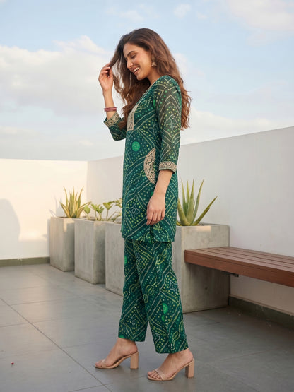 Bandhani Printed Embroidered A-Line Co-ord Set - Teal Blue