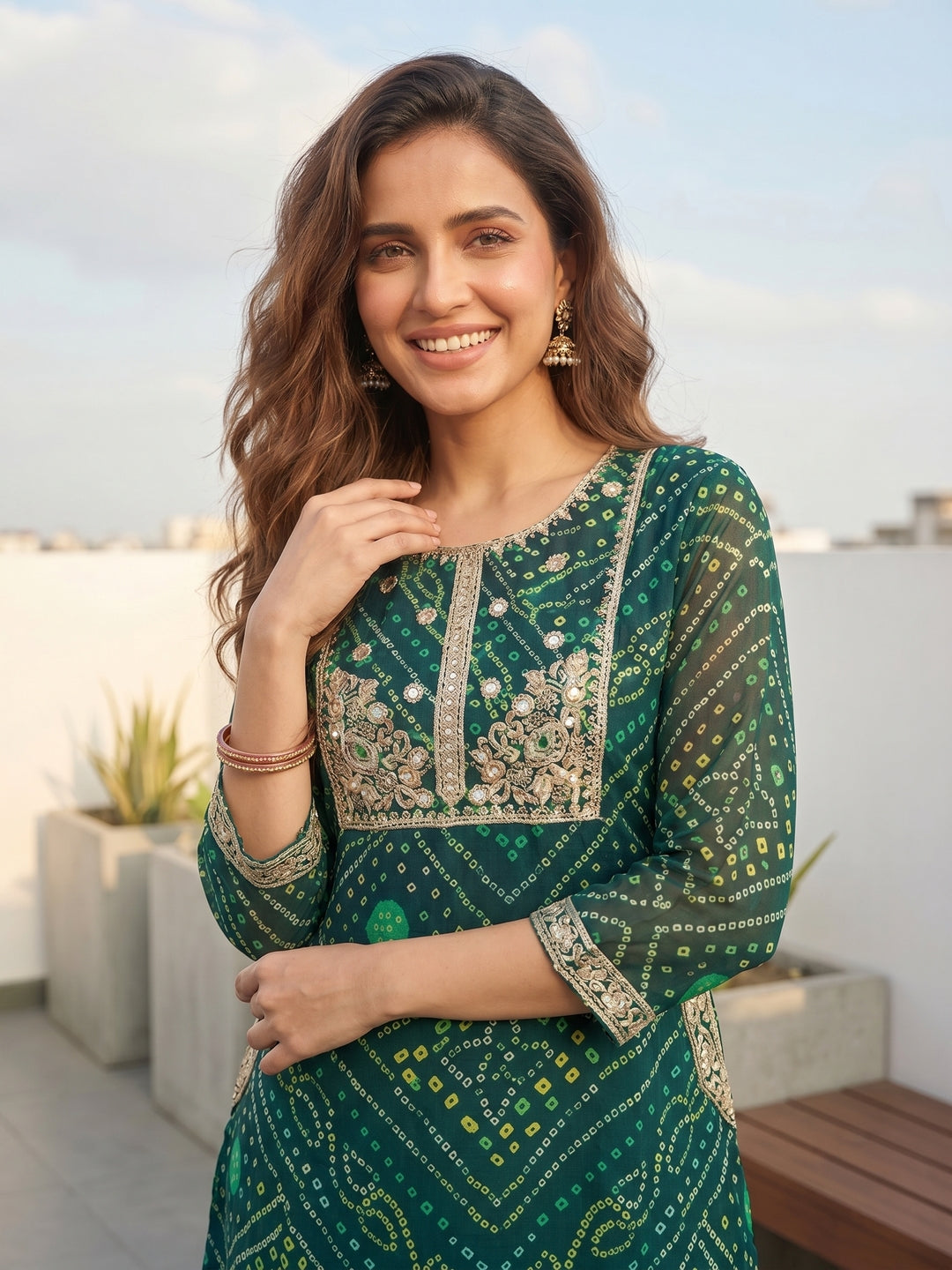Bandhani Printed Embroidered A-Line Co-ord Set - Teal Blue