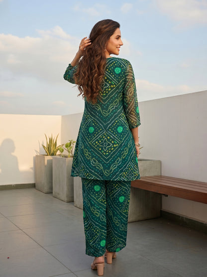 Bandhani Printed Embroidered A-Line Co-ord Set - Teal Blue