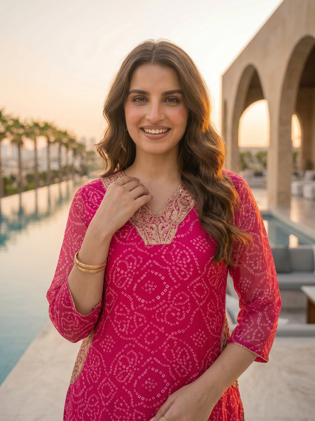 Bandhani Printed Embroidered A-Line Co-ord Set - Pink