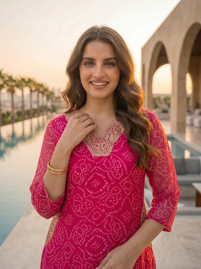 Bandhani Printed Embroidered A-Line Co-ord Set - Pink