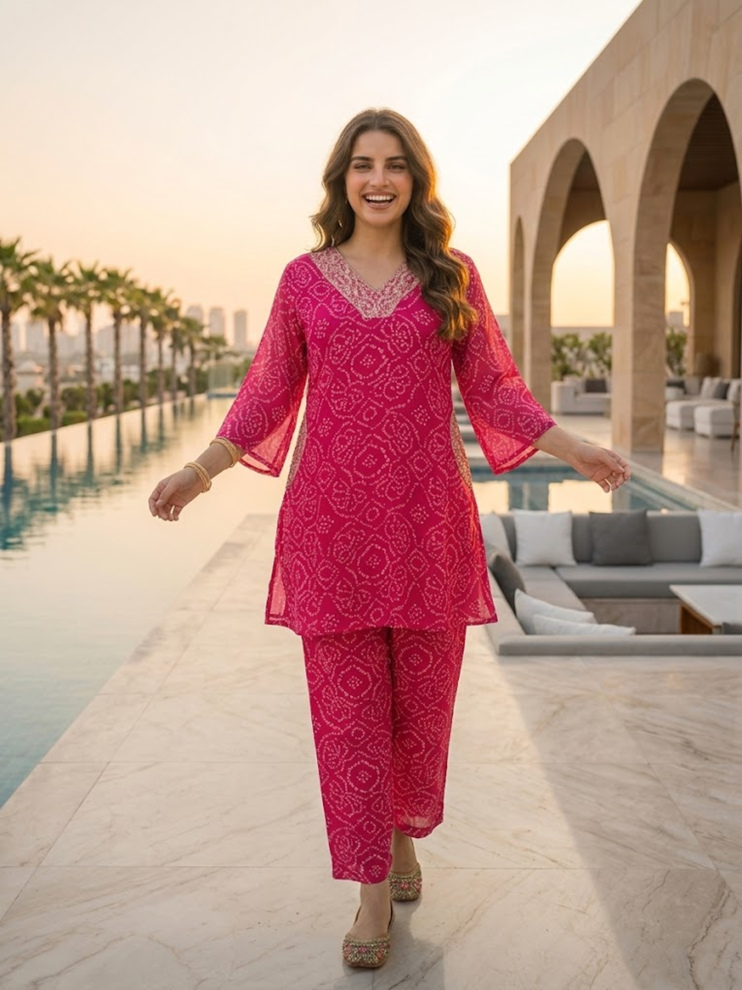 Bandhani Printed Embroidered A-Line Co-ord Set - Pink