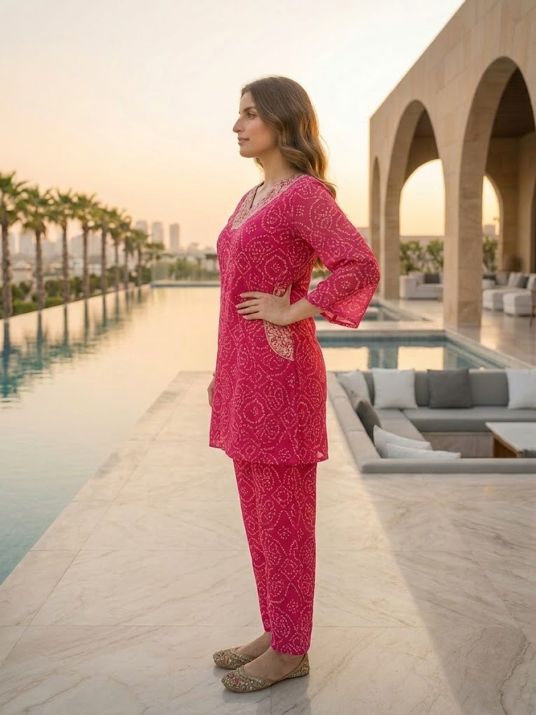 Bandhani Printed Embroidered A-Line Co-ord Set - Pink