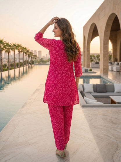 Bandhani Printed Embroidered A-Line Co-ord Set - Pink