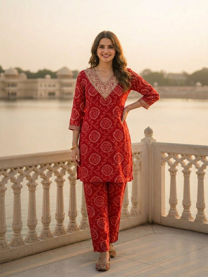 Bandhani Printed Embroidered A-Line Co-ord Set - Red