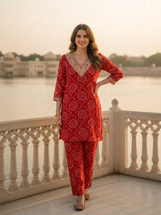 Bandhani Printed Embroidered A-Line Co-ord Set - Red