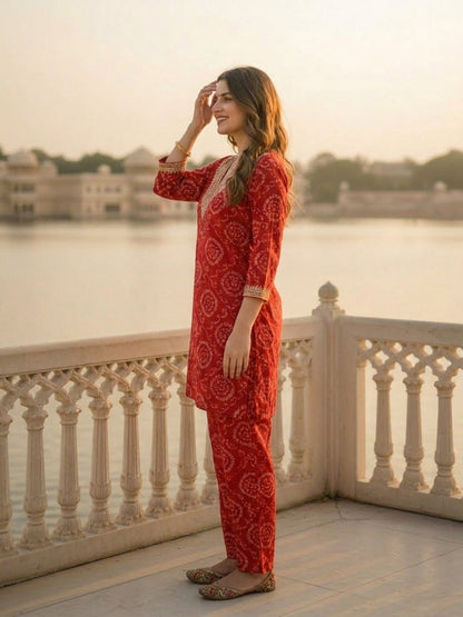 Bandhani Printed Embroidered A-Line Co-ord Set - Red