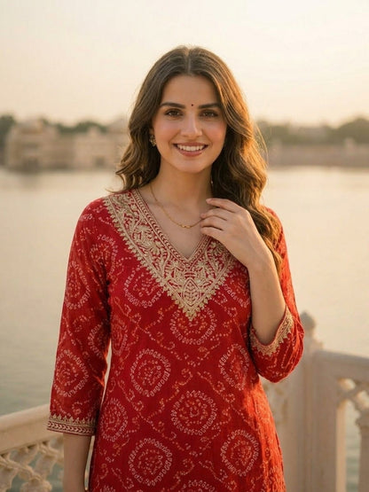 Bandhani Printed Embroidered A-Line Co-ord Set - Red