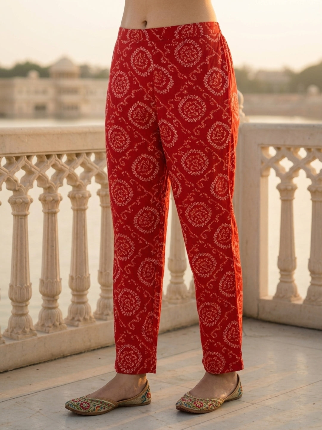 Bandhani Printed Embroidered A-Line Co-ord Set - Red