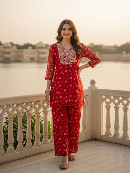 Bandhani Printed Embroidered A-Line Co-ord Set - Red