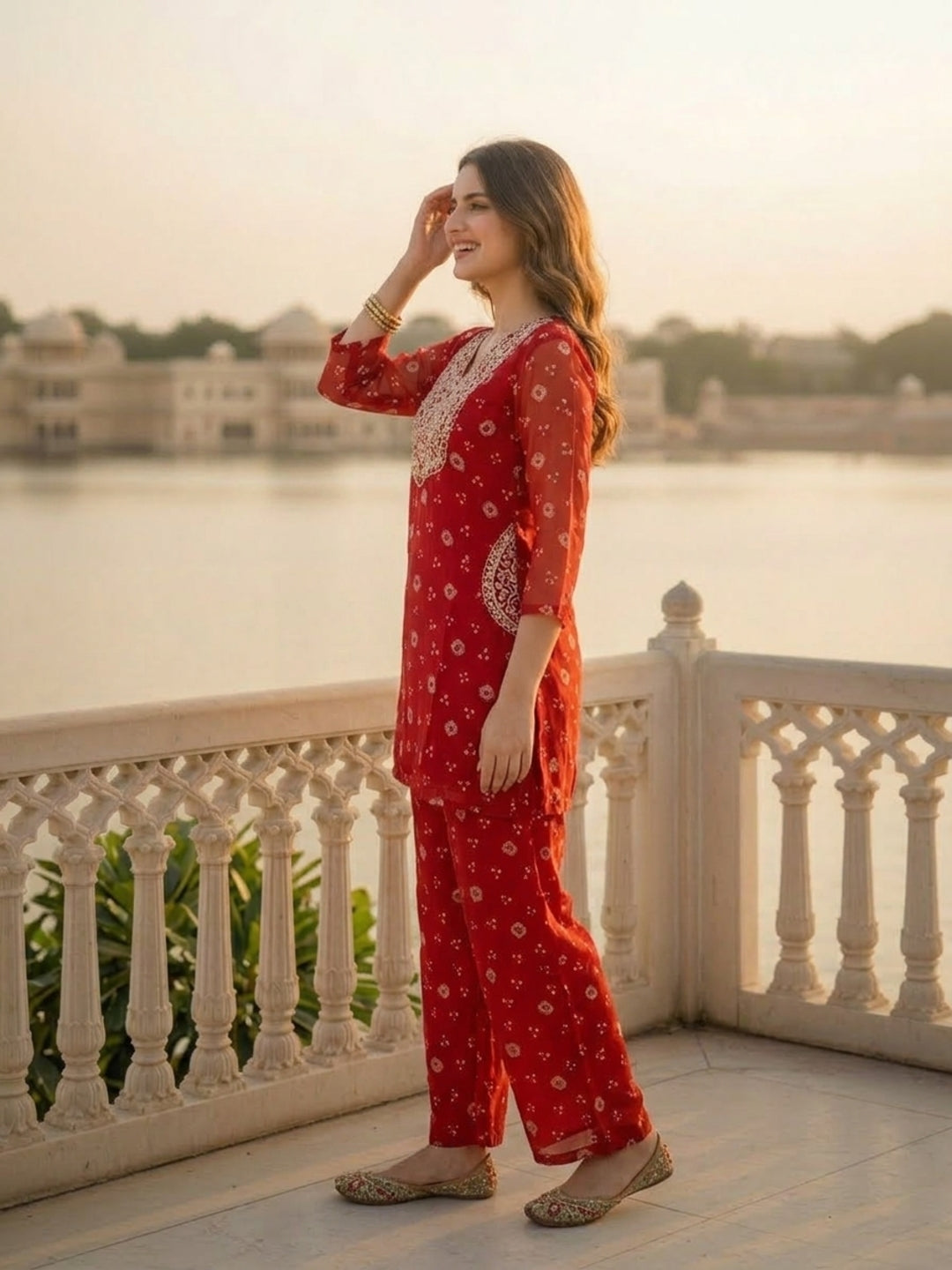 Bandhani Printed Embroidered A-Line Co-ord Set - Red