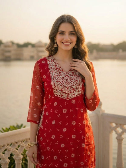 Bandhani Printed Embroidered A-Line Co-ord Set - Red