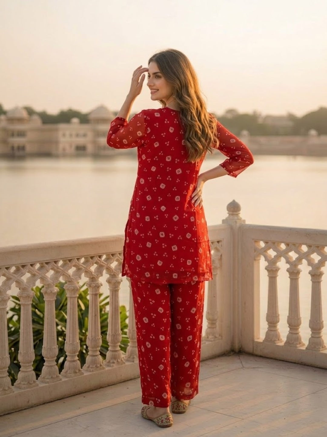 Bandhani Printed Embroidered A-Line Co-ord Set - Red