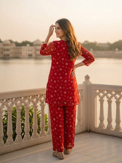 Bandhani Printed Embroidered A-Line Co-ord Set - Red