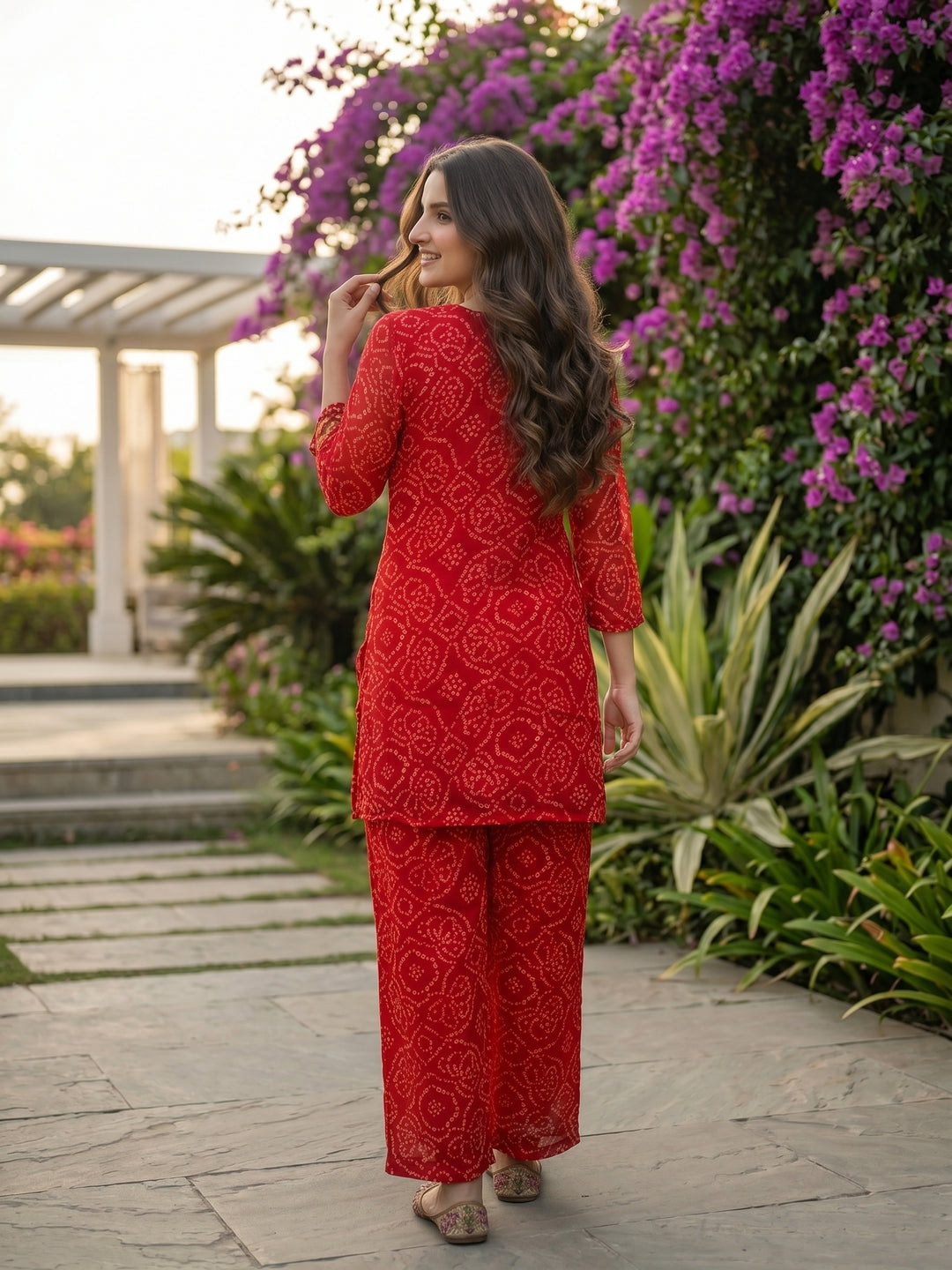 Bandhani Printed Embroidered and Printed A-Line Co-ord Set - Red