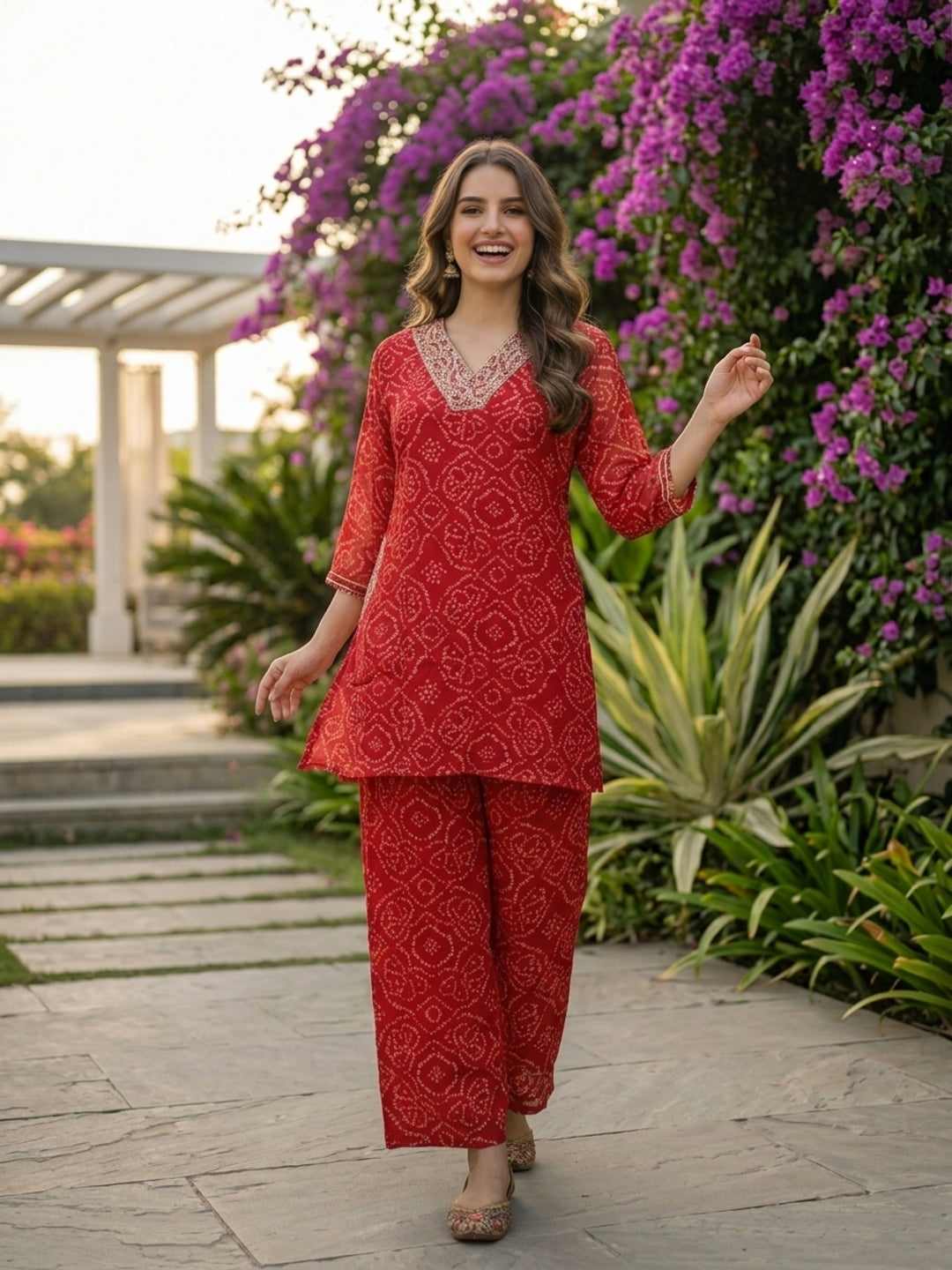 Bandhani Printed Embroidered and Printed A-Line Co-ord Set - Red