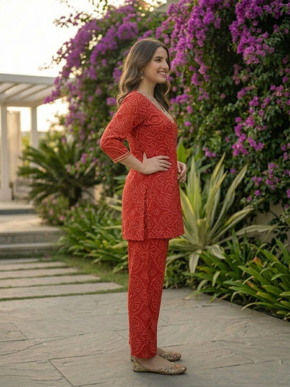 Bandhani Printed Embroidered and Printed A-Line Co-ord Set - Red