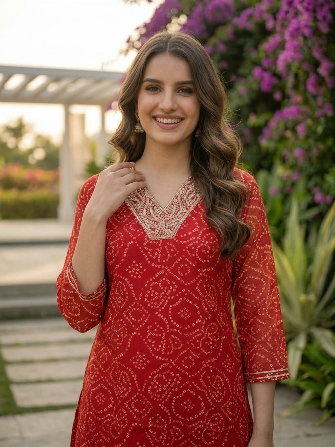 Bandhani Printed Embroidered and Printed A-Line Co-ord Set - Red