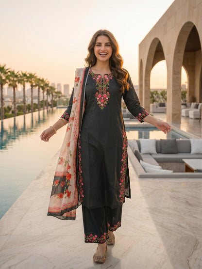 Solid Floral Embroidered Straight Kurta with Palazzo & Dupatta - Black