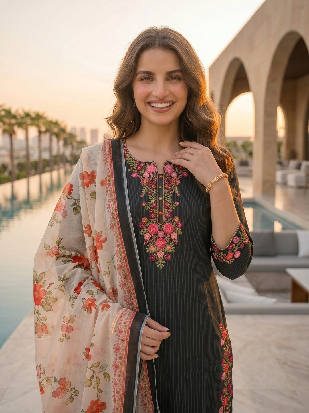Solid Floral Embroidered Straight Kurta with Palazzo & Dupatta - Black