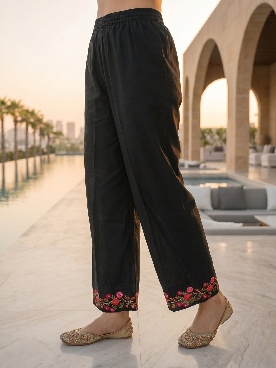 Solid Floral Embroidered Straight Kurta with Palazzo & Dupatta - Black