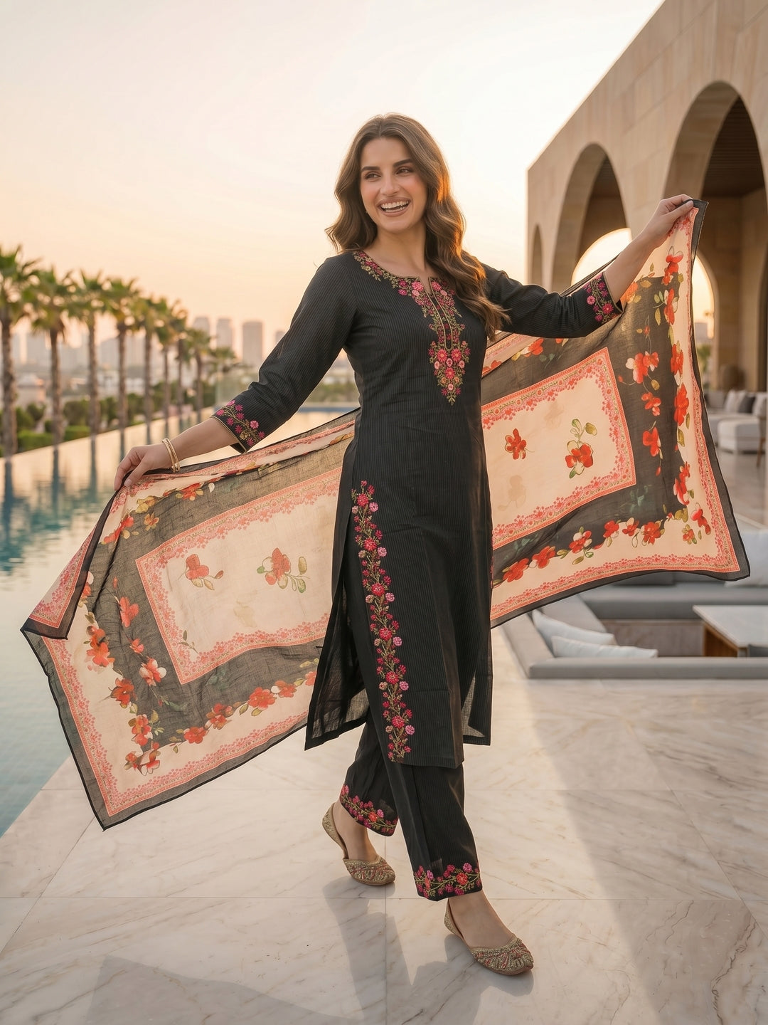 Solid Floral Embroidered Straight Kurta with Palazzo & Dupatta - Black