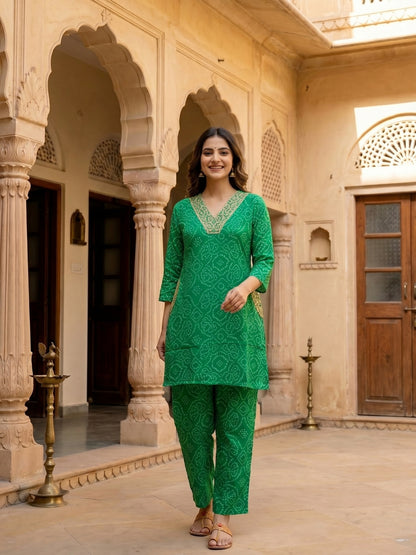 Bandhani Printed Embroidered A-Line Co-ord Set - Green