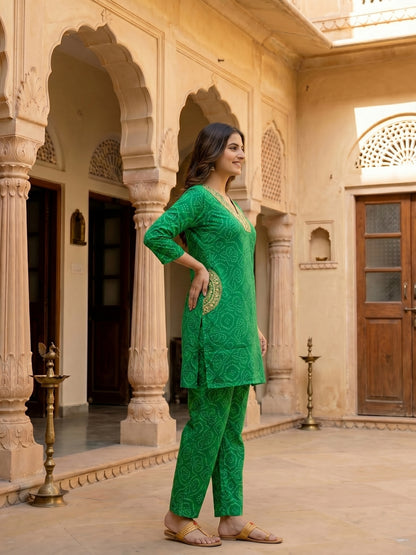 Bandhani Printed Embroidered A-Line Co-ord Set - Green
