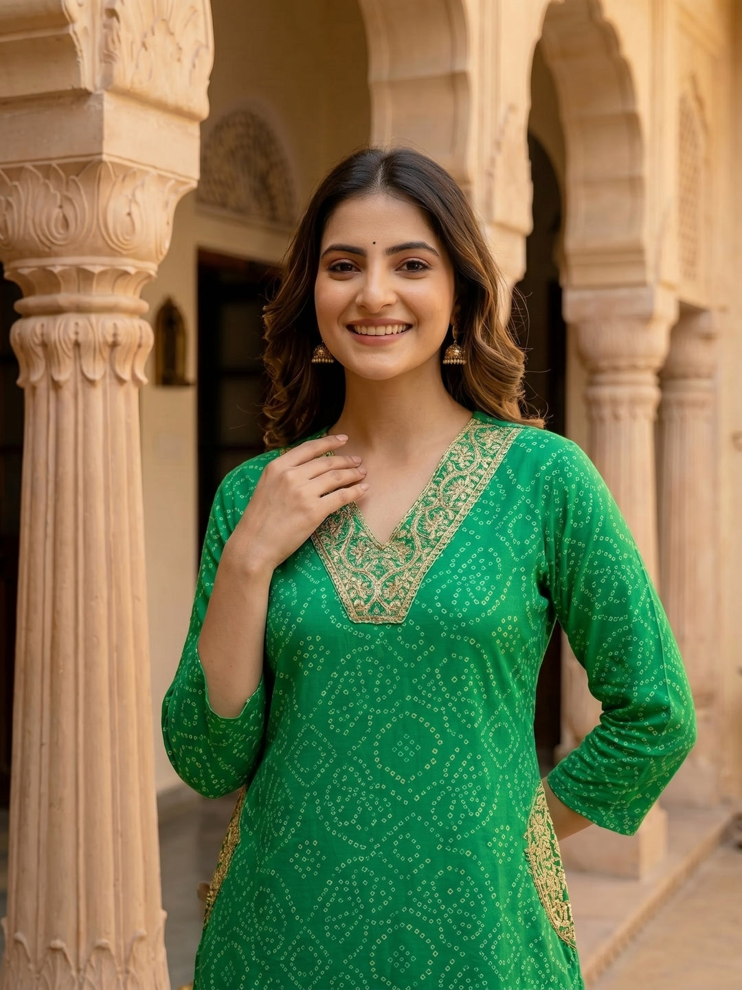 Bandhani Printed Embroidered A-Line Co-ord Set - Green