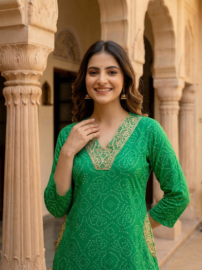 Bandhani Printed Embroidered A-Line Co-ord Set - Green